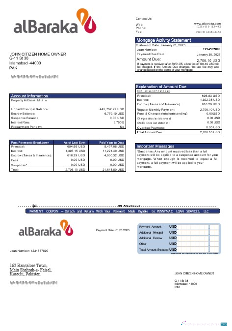 Download Pakistan Al Baraka mortgage statement in Word and PDF formats Photoshop template